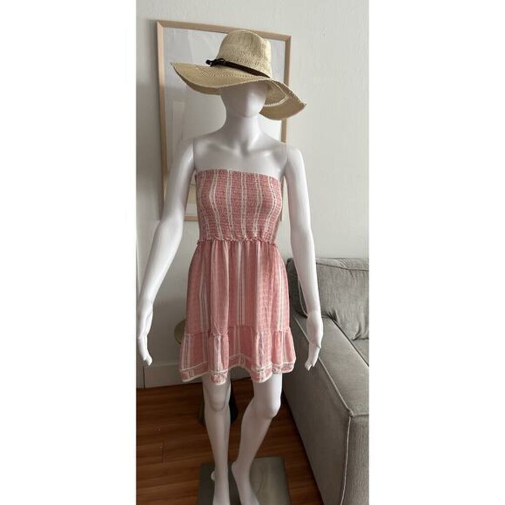 Red Striped Ruffled Smoked Mini dress Strapless Beach Vacation L
